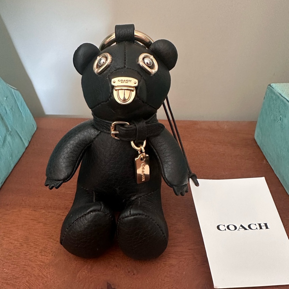 SOLD OUT RARE BLACK LEATHER COACH BEAR BAG CHARM GOLD ACCENTS NWT